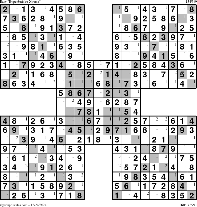 The grouppuzzles.com Easy HyperSudoku-Xtreme puzzle for Tuesday December 24, 2024 with the first 3 steps marked