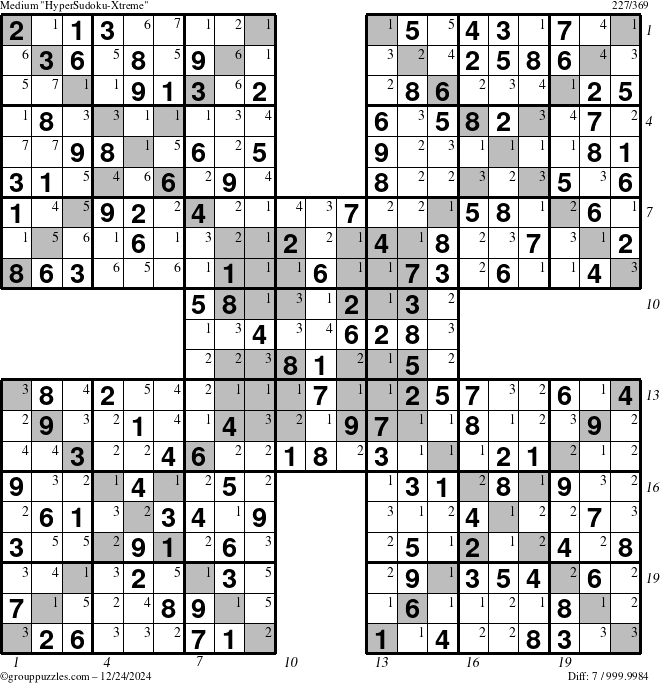 The grouppuzzles.com Medium HyperSudoku-Xtreme puzzle for Tuesday December 24, 2024 with all 7 steps marked