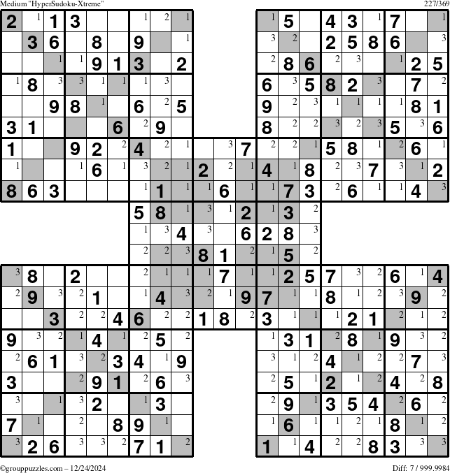 The grouppuzzles.com Medium HyperSudoku-Xtreme puzzle for Tuesday December 24, 2024 with the first 3 steps marked