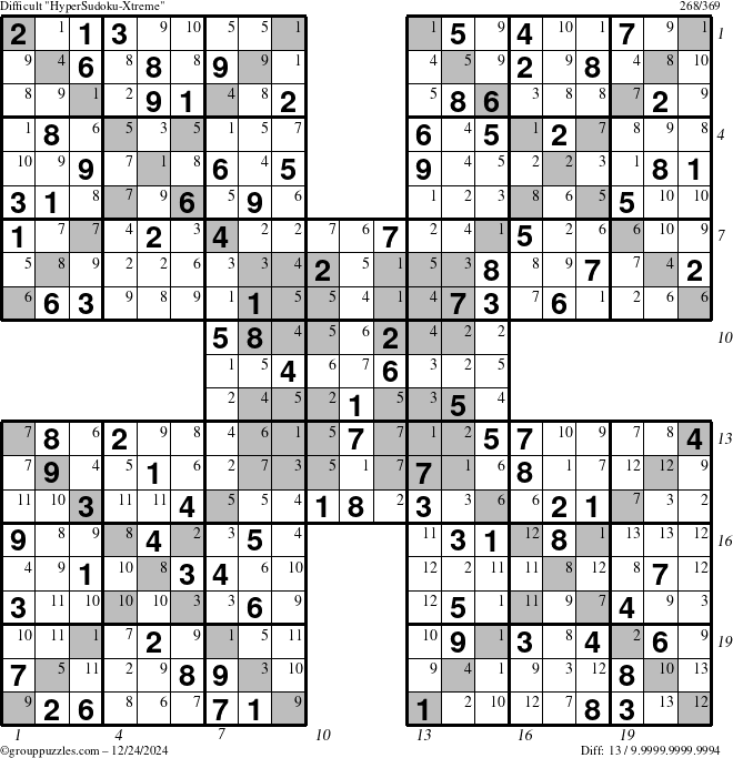 The grouppuzzles.com Difficult HyperSudoku-Xtreme puzzle for Tuesday December 24, 2024 with all 13 steps marked