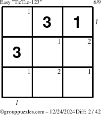 The grouppuzzles.com Easy TicTac-123 puzzle for Tuesday December 24, 2024 with all 2 steps marked