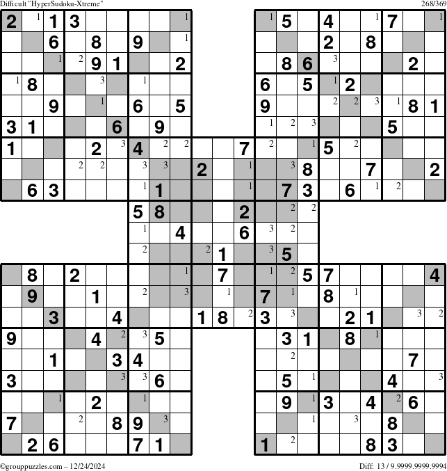 The grouppuzzles.com Difficult HyperSudoku-Xtreme puzzle for Tuesday December 24, 2024 with the first 3 steps marked