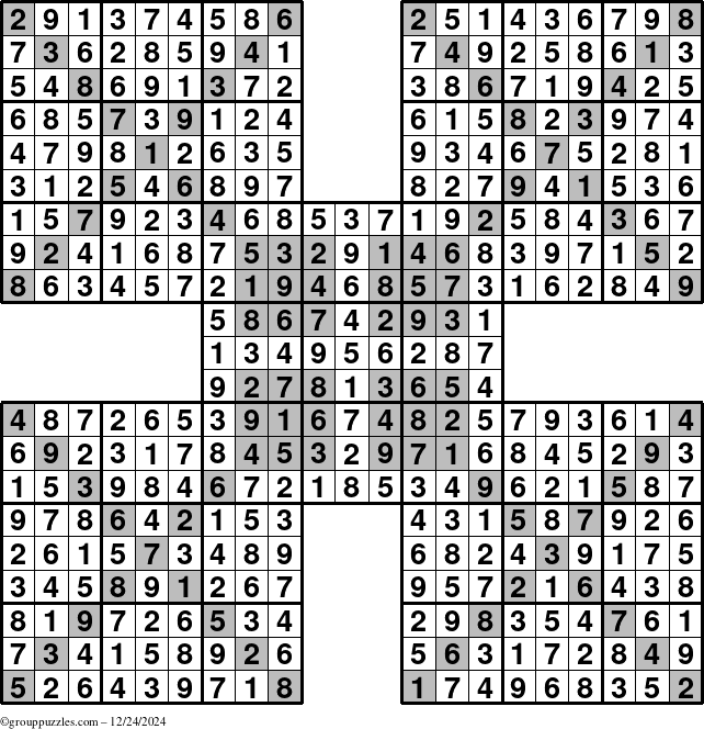 The grouppuzzles.com Answer grid for the HyperSudoku-Xtreme puzzle for Tuesday December 24, 2024