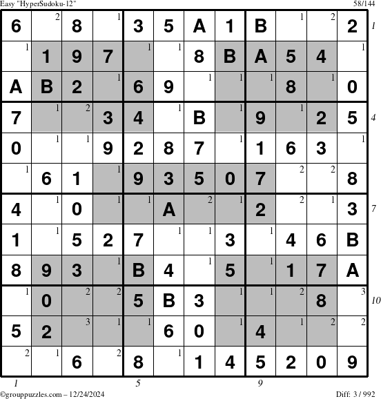 The grouppuzzles.com Easy HyperSudoku-12 puzzle for Tuesday December 24, 2024 with all 3 steps marked