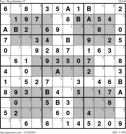 The grouppuzzles.com Easy HyperSudoku-12 puzzle for Tuesday December 24, 2024 with the first 3 steps marked