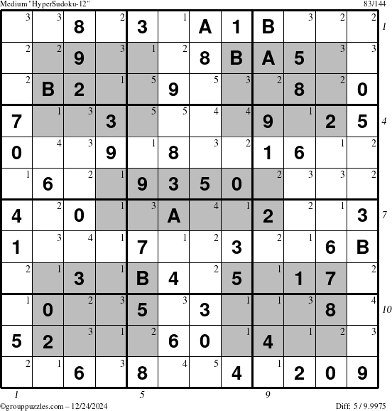 The grouppuzzles.com Medium HyperSudoku-12 puzzle for Tuesday December 24, 2024, suitable for printing, with all 5 steps marked