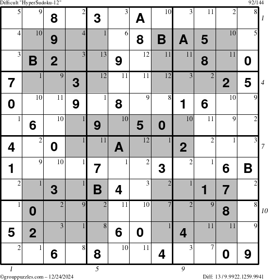 The grouppuzzles.com Difficult HyperSudoku-12 puzzle for Tuesday December 24, 2024 with all 13 steps marked