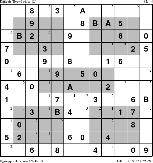 The grouppuzzles.com Difficult HyperSudoku-12 puzzle for Tuesday December 24, 2024 with the first 3 steps marked