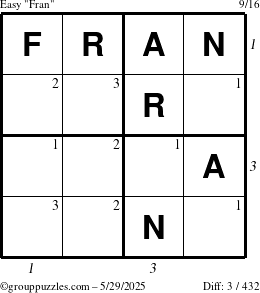 The grouppuzzles.com Easy Fran puzzle for Thursday May 29, 2025 with all 3 steps marked