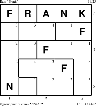 The grouppuzzles.com Easy Frank puzzle for Thursday May 29, 2025 with all 4 steps marked