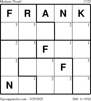 The grouppuzzles.com Medium Frank puzzle for Thursday May 29, 2025 with the first 3 steps marked