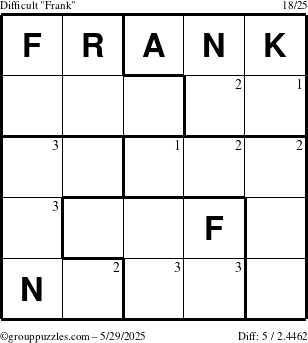 The grouppuzzles.com Difficult Frank puzzle for Thursday May 29, 2025 with the first 3 steps marked
