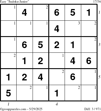 The grouppuzzles.com Easy Sudoku-Junior puzzle for Thursday May 29, 2025 with all 3 steps marked