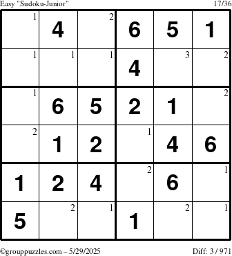 The grouppuzzles.com Easy Sudoku-Junior puzzle for Thursday May 29, 2025 with the first 3 steps marked