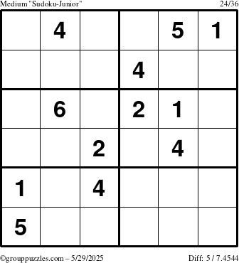 The grouppuzzles.com Medium Sudoku-Junior puzzle for Thursday May 29, 2025