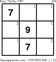 The grouppuzzles.com Easy TicTac-789 puzzle for Thursday May 29, 2025 with the first 2 steps marked