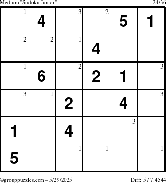 The grouppuzzles.com Medium Sudoku-Junior puzzle for Thursday May 29, 2025 with the first 3 steps marked