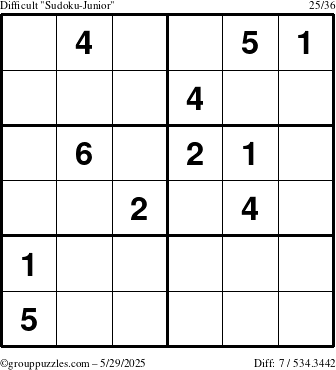 The grouppuzzles.com Difficult Sudoku-Junior puzzle for Thursday May 29, 2025
