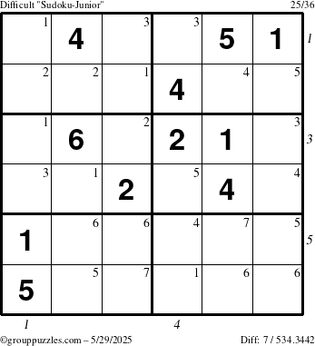 The grouppuzzles.com Difficult Sudoku-Junior puzzle for Thursday May 29, 2025 with all 7 steps marked