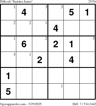 The grouppuzzles.com Difficult Sudoku-Junior puzzle for Thursday May 29, 2025 with the first 3 steps marked