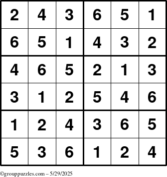 The grouppuzzles.com Answer grid for the Sudoku-Junior puzzle for Thursday May 29, 2025
