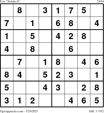The grouppuzzles.com Easy Sudoku-8 puzzle for Thursday May 29, 2025