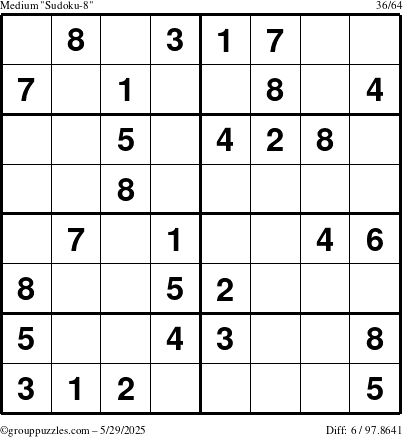 The grouppuzzles.com Medium Sudoku-8 puzzle for Thursday May 29, 2025
