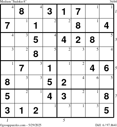 The grouppuzzles.com Medium Sudoku-8 puzzle for Thursday May 29, 2025 with all 6 steps marked