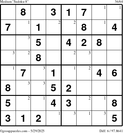 The grouppuzzles.com Medium Sudoku-8 puzzle for Thursday May 29, 2025 with the first 3 steps marked