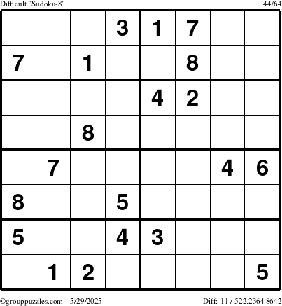 The grouppuzzles.com Difficult Sudoku-8 puzzle for Thursday May 29, 2025