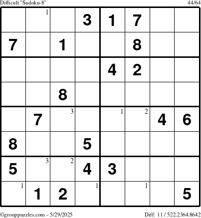 The grouppuzzles.com Difficult Sudoku-8 puzzle for Thursday May 29, 2025 with the first 3 steps marked