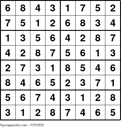 The grouppuzzles.com Answer grid for the Sudoku-8 puzzle for Thursday May 29, 2025