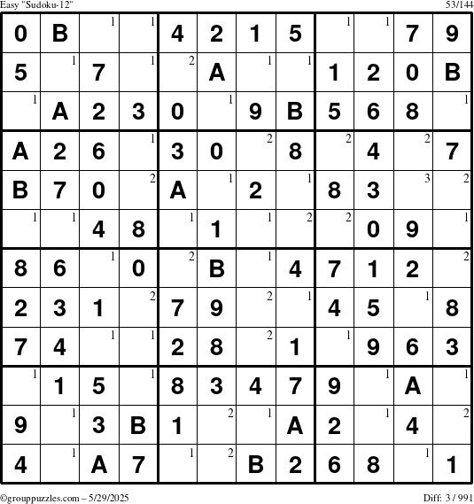The grouppuzzles.com Easy Sudoku-12 puzzle for Thursday May 29, 2025 with the first 3 steps marked