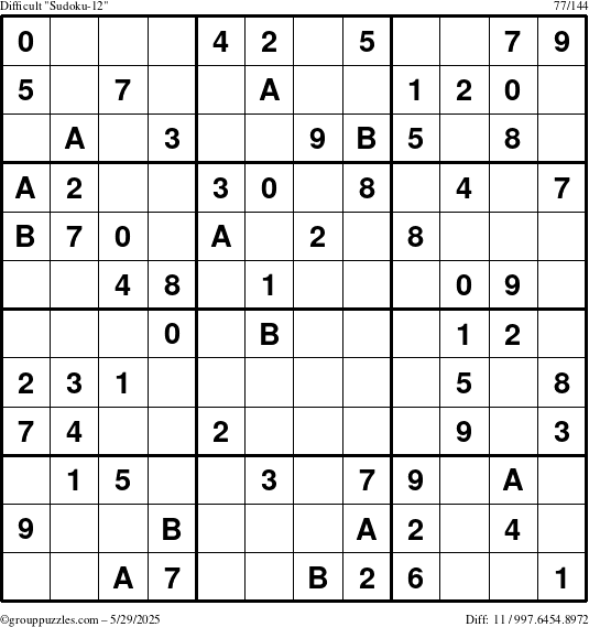 The grouppuzzles.com Difficult Sudoku-12 puzzle for Thursday May 29, 2025