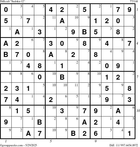 The grouppuzzles.com Difficult Sudoku-12 puzzle for Thursday May 29, 2025 with all 11 steps marked