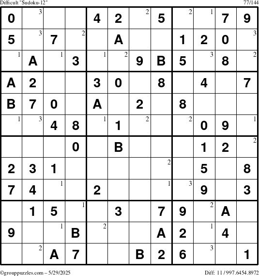 The grouppuzzles.com Difficult Sudoku-12 puzzle for Thursday May 29, 2025 with the first 3 steps marked