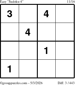 The grouppuzzles.com Easy Sudoku-4 puzzle for Sunday May 3, 2026