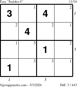 The grouppuzzles.com Easy Sudoku-4 puzzle for Sunday May 3, 2026 with all 3 steps marked