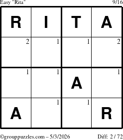 The grouppuzzles.com Easy Rita puzzle for Sunday May 3, 2026 with the first 2 steps marked