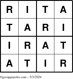 The grouppuzzles.com Answer grid for the Rita puzzle for Sunday May 3, 2026