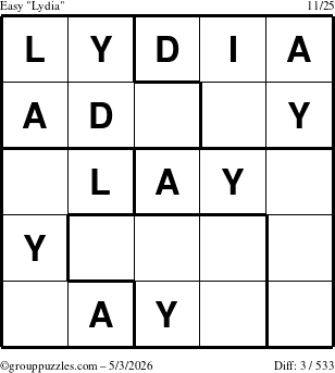 The grouppuzzles.com Easy Lydia puzzle for Sunday May 3, 2026