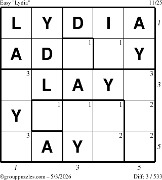 The grouppuzzles.com Easy Lydia puzzle for Sunday May 3, 2026 with all 3 steps marked