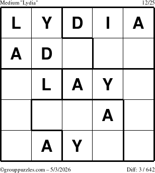 The grouppuzzles.com Medium Lydia puzzle for Sunday May 3, 2026