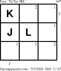 The grouppuzzles.com Easy TicTac-JKL puzzle for Sunday May 3, 2026, suitable for printing, with all 2 steps marked