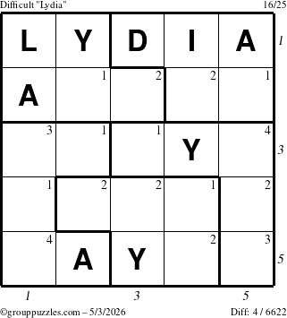 The grouppuzzles.com Difficult Lydia puzzle for Sunday May 3, 2026 with all 4 steps marked