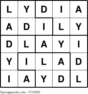 The grouppuzzles.com Answer grid for the Lydia puzzle for Sunday May 3, 2026