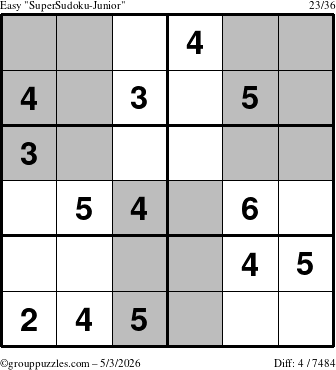 The grouppuzzles.com Easy SuperSudoku-Junior puzzle for Sunday May 3, 2026