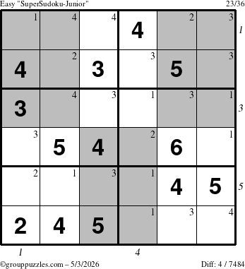 The grouppuzzles.com Easy SuperSudoku-Junior puzzle for Sunday May 3, 2026, suitable for printing, with all 4 steps marked