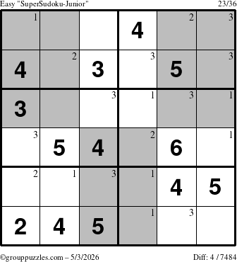 The grouppuzzles.com Easy SuperSudoku-Junior puzzle for Sunday May 3, 2026 with the first 3 steps marked