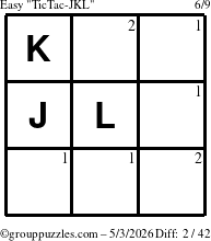 The grouppuzzles.com Easy TicTac-JKL puzzle for Sunday May 3, 2026 with the first 2 steps marked